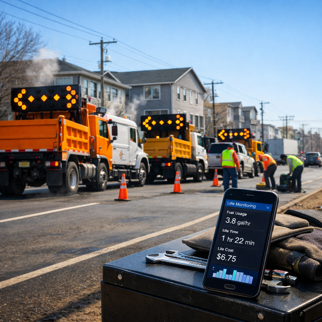 Camions de travaux publics et signaleurs sur un chantier de rue, téléphone affichant les données de marche au ralenti