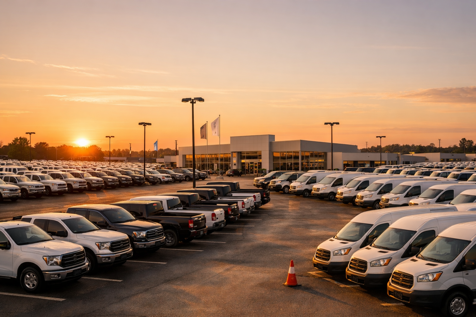 Rows of white pickup trucks and cargo vans on a dealership lot at sunset