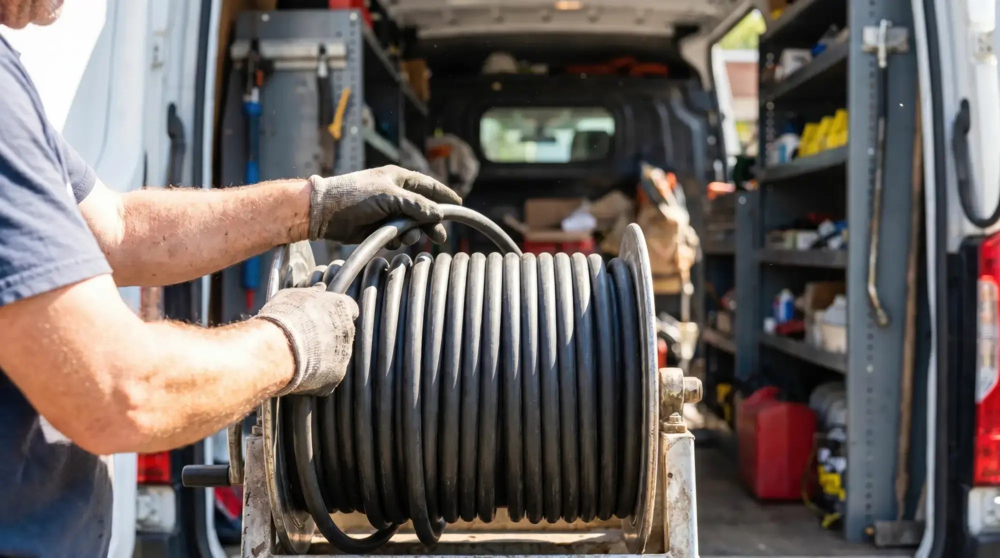 Hose reel installed in a commercial vehicle