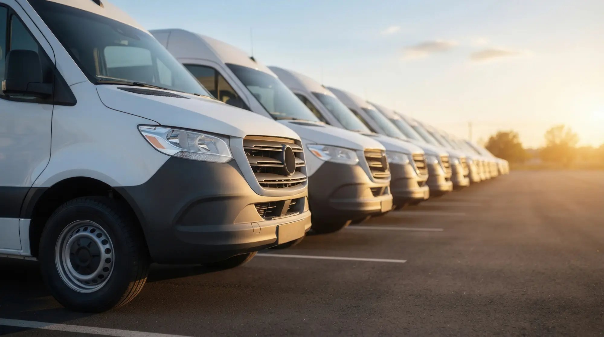 Fleet of parked white commercial vehicles