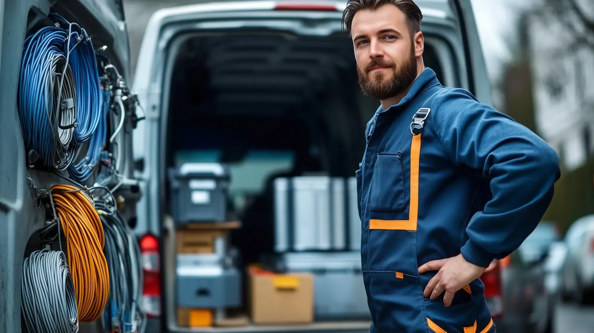 Technicien devant un véhicule commercial aménagé