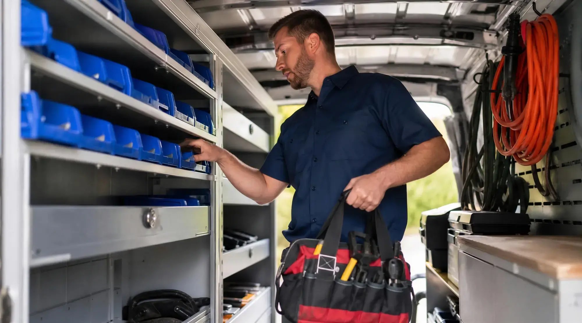 Technicien utilisant le rangement d'un véhicule commercial aménagé